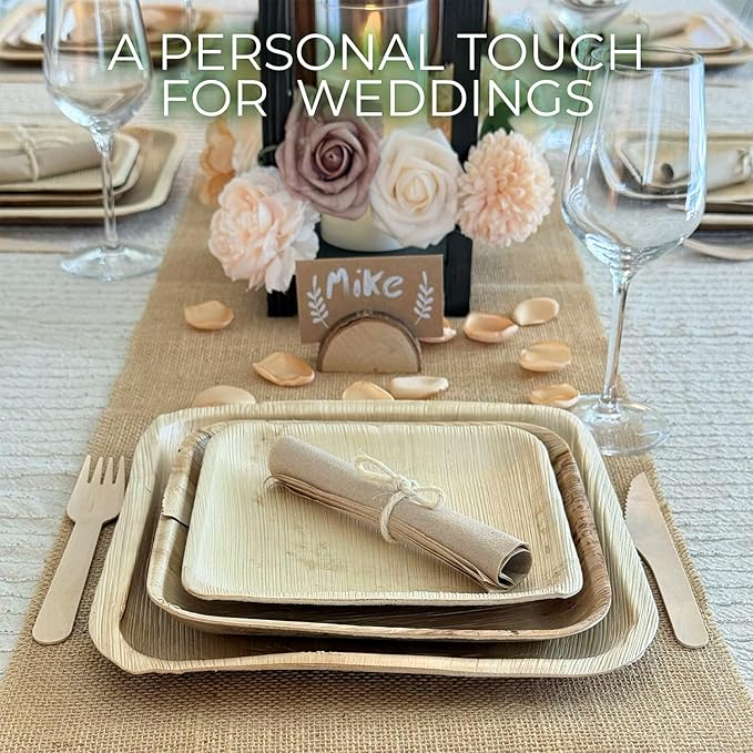 Compostable Square Palm Leaf Plates 8 Inch with Forks & Knives (50 Each) - Like Bamboo Plates, Disposable Party Plates, Biodegradable, Eco-Friendly, Microwave & Oven Safe