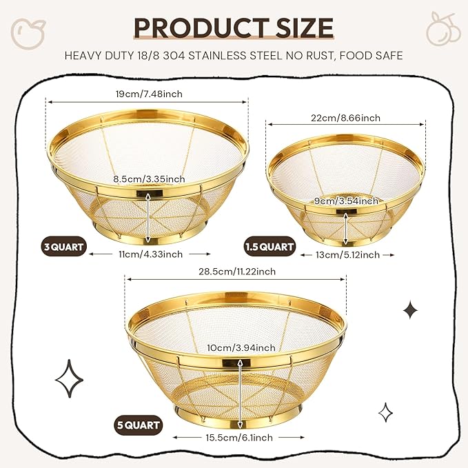 Baderke 3 Pieces Stainless Steel Gold Colander Metal Strainer with Handle Pasta Gold Colander for Kitchen Draining Pasta Rinsing Vegetables Rice Food, 3 Sizes (1.5-3-5 Quart,Novel)