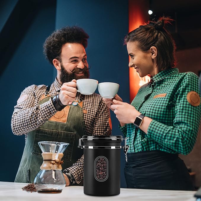 1500ML Airtight Coffee Canister with Date Tracker&Transparent Window, 18OZ Coffe Beans Storage with 30ML Measure Spoon&4 co2 Valve, Coffee Container for Grounds Coffee, Beans, Tea, Sugar, Flour(Black)