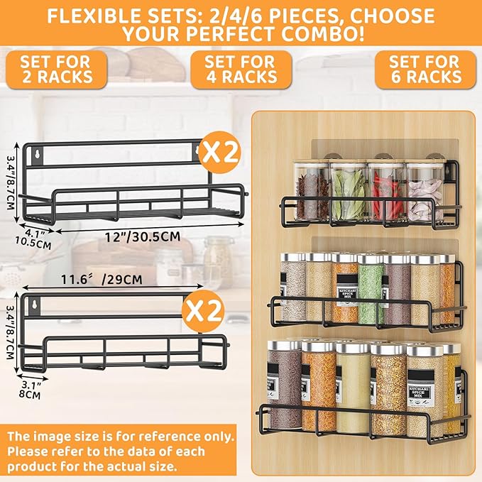 4 Pack Wall Mount Spice Rack Organizer, for Kitchen Pantry Door Storage and Organization, Heavy-Duty Metal Kitchen Spice Rack, Flexible Wall Iron Shelves with Adhesive Hook, Black