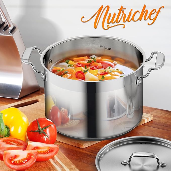 NutriChef 8 Qt Heavy-Duty Stockpot with Stainless Steel Lid - Induction Compatible Cooking Pot, Ideal for Soups and Stews