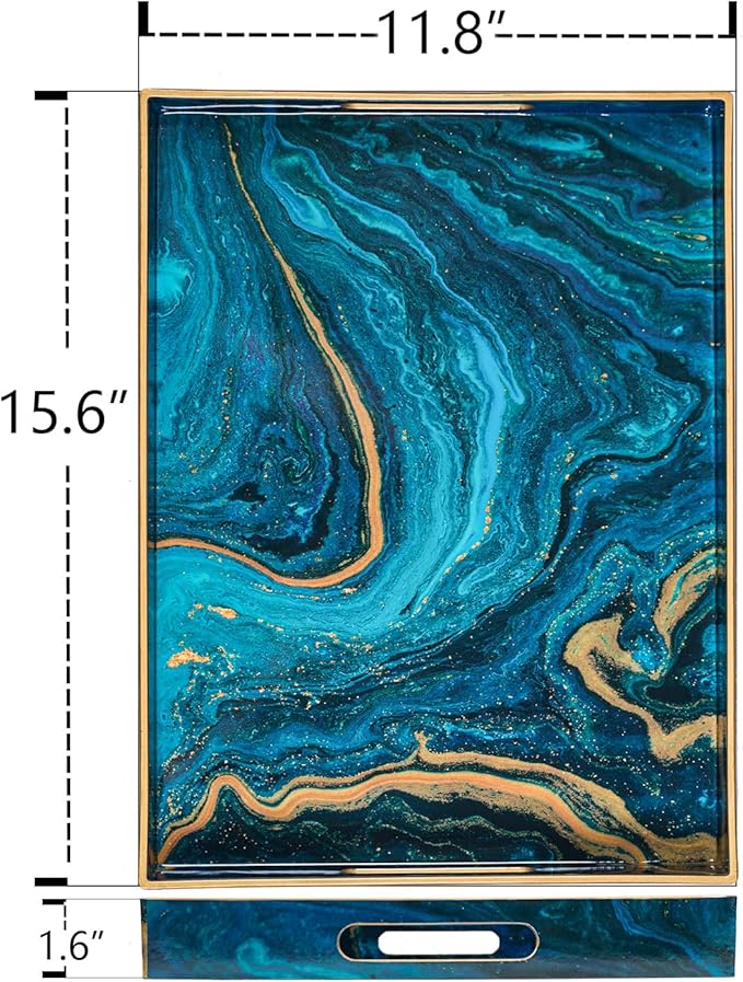 MAONAME Plastic Decorative Tray, Marbling Tray with Handles, Rectangular Coffee Table Trays, Blue Serving Trays for Ottoman, Bathroom, 15.7” x 11.8”