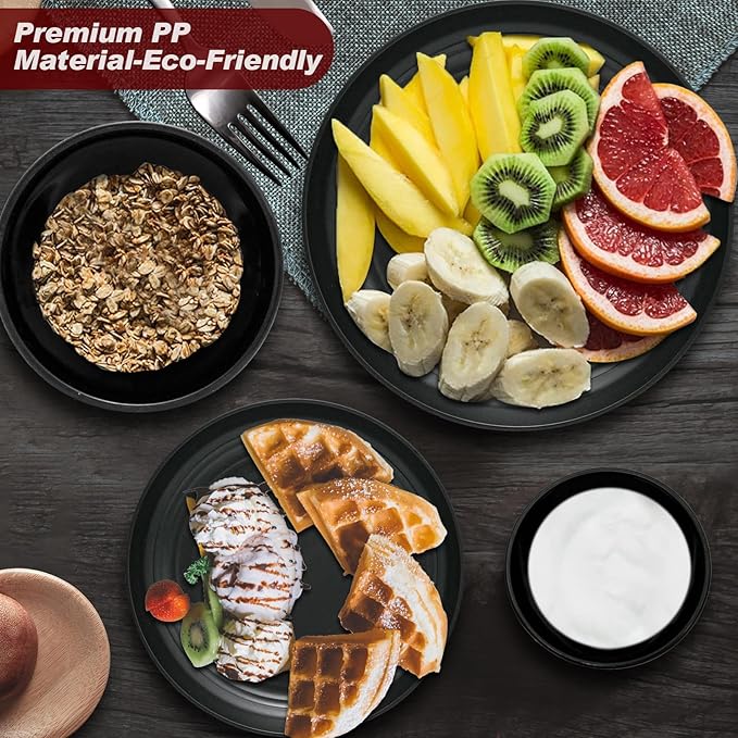32Pcs Black Plates and Bowls Sets,Lightweight Plastic Dishes Set for 8,Unbreakable Dinnerware Sets,Reusable Plates Set,Dishwasher and Microwave Safe, Dish Sets for Outdoor Camping,RV