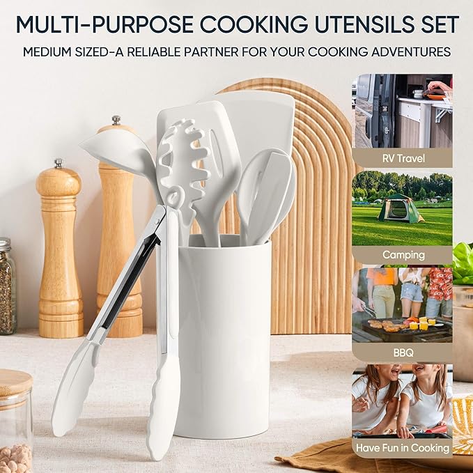 Herogo Silicone Cooking Utensils Set, 7-Piece Kitchen Utensils Set, Heat Resistant Cooking Gadget Tools Slotted Turner, Spoon, Soup Ladle, Pasta Server, Spatula, Tongs for Nonstick Cookware, White