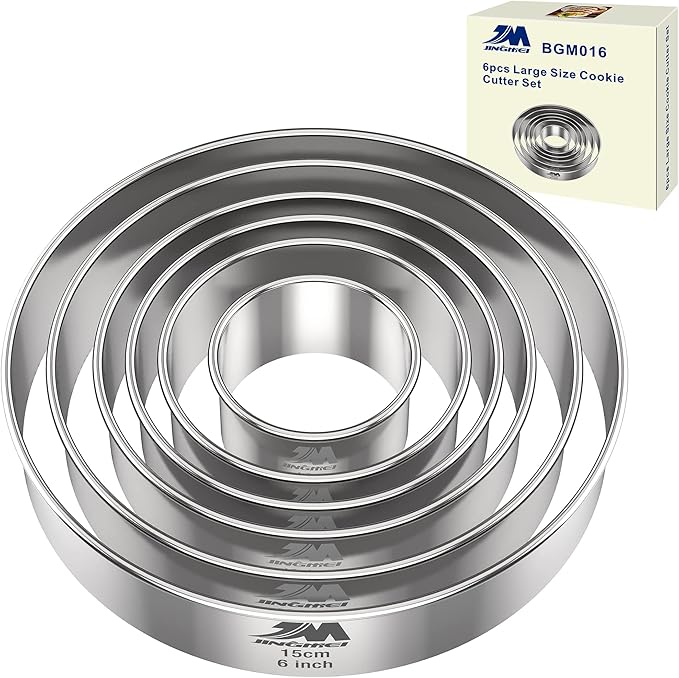 M JNGMEI 6 Pieces Stainless Steel Cookie Cutter Set 2'', 3'',3.5'', 4'',5''and6'' Biscuit Plain Edge Round Cutters large Sizes Shape Molds Ranging from 2-6 Inches GIFT PACKAGE