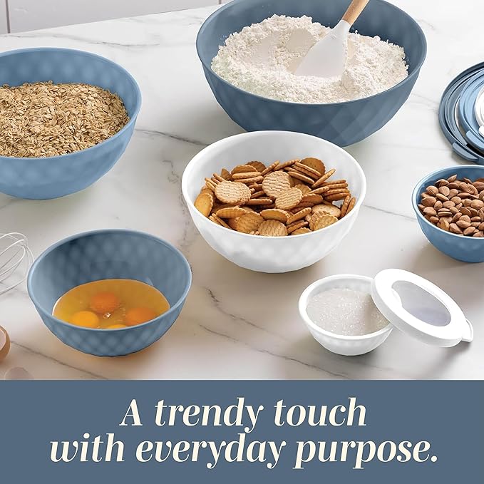 COOK WITH COLOR Mixing Bowls with Lids - 12 Piece Plastic Nesting Bowls Set includes 6 Prep Bowls and 6 Lids, Diamond Design - Microwave Safe (Mint)