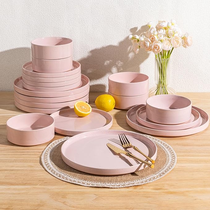 AmorArc Ceramic Dinner Plates Set of 6, 10.25 Inch Stoneware Plates for Kitchen,Modern Flat Dinnerware Dishes Set,Microwave& Dishwasher Safe, Scratch Resistant-Pink