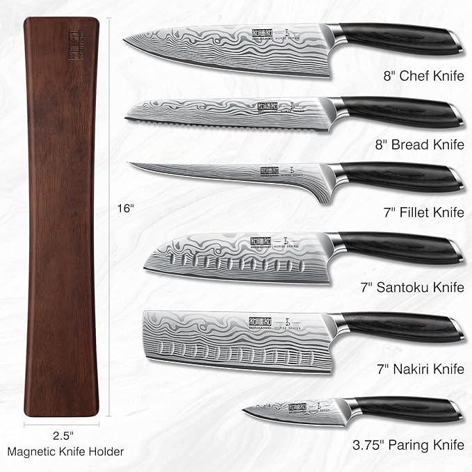 7 Pieces Knife Set with Magnetic Knife Holder, Ultra Sharp Powder Steel Kitchen Knives Set, Professional Chef Knife Sets with Ergonomic Pakkawood Handle