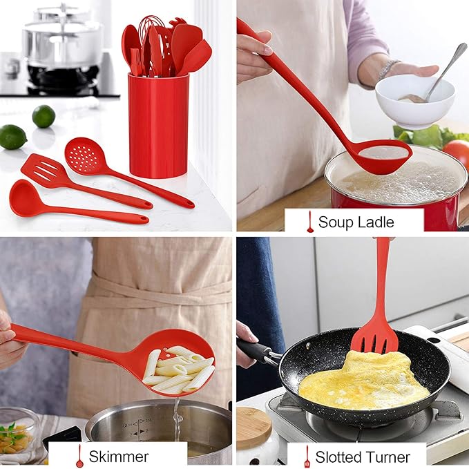 LIANYU 12-Piece Red Silicone Kitchen Cooking Utensils with Holder, Kitchen Tools Set Include Slotted Spatula Spoon Turner Ladle Tong Whisk, Dishwasher Safe
