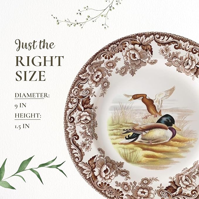 Spode Woodland Mallard 9" Soup Plate - Rustic Fine Earthenware Bowl for Soup, Salad, Pasta with Bird Design - Microwave, Oven, Freezer & Dishwasher Safe - Matches Woodland and Delamere Collections