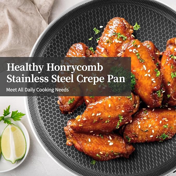 Stainless Steel Crepe Pan - 11inch Nonstick Crepe Pan, Stainless Steel Honeycomb Coating Pancake Pan, Non Stick Flat Skillet Tawa Dosa Tortilla Griddle Pan, Induction Compatible, PFOA Free