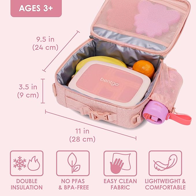 Bentgo Kids Lunch Bag - Double-Insulated, Reusable Lunch Bag for Kids 3+ with Adjustable Strap; Holds Lunch Box/Water Bottle/Snacks; Easy-Clean, Water-Resistant & Pockets (Glitter - Petal Pink)