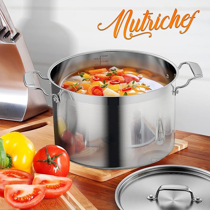 NutriChef 14 Quart Stock Pot with Lid - Heavy Duty Stainless Steel, Induction Ready, Ergonomic Handles