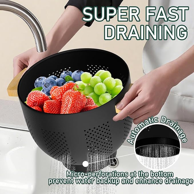 Metal Colander with Bamboo Wood Handle, 6 QT Large Strainer with Self-Draining Base, Kitchen Strainer Bowl for Pasta Spaghetti Vegetables Fruit Berry, Essential Kitchen Appliance and Gadget (Black)
