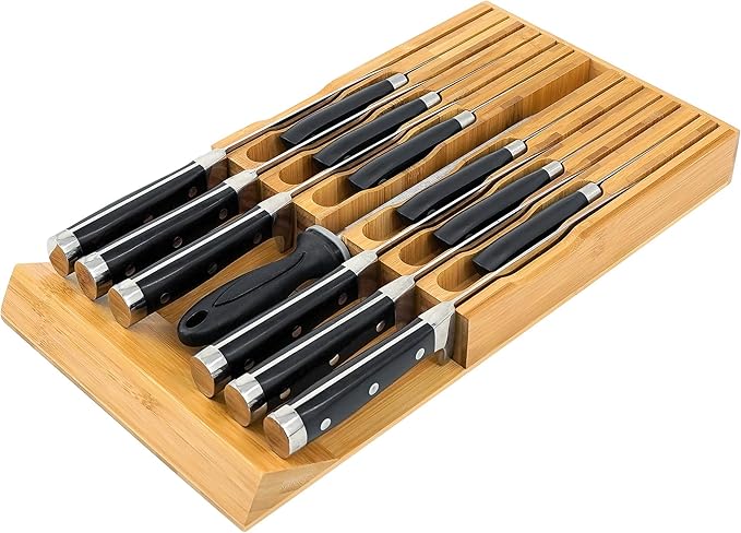 VaeFae Bamboo Knife Drawer Organizer, Knife Drawer Organizer Insert, Kitchen Drawer Knife Block for 12 Knives and a PLUS Slot for your Knife Sharpener (Without Knives)