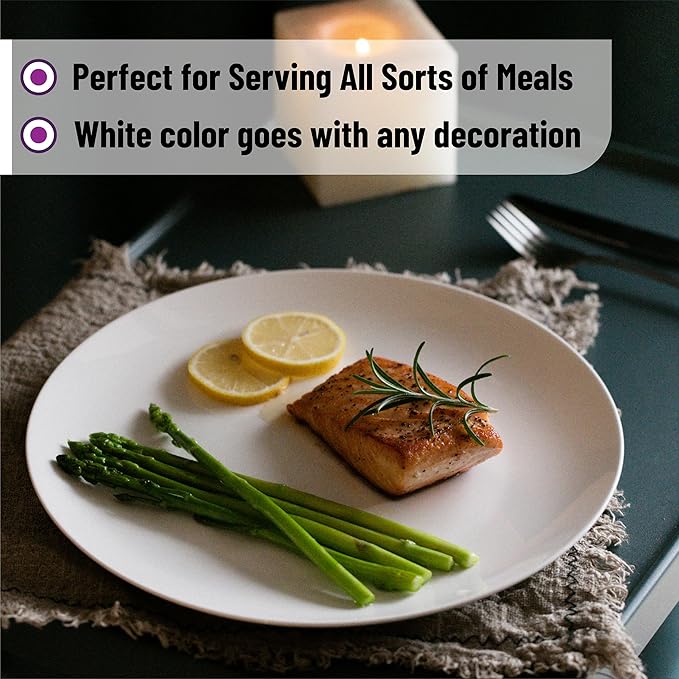 Brew To A Tea White Porcelain Dinner Plates, Set of 6, 10.5 Inch, Classic Style, Porcelain Construction, Dinner Plates