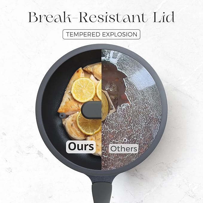Nonstick Ceramic Frying Pan with Lid, 8/10 Inch Skillet with Stay Cool Handle, Fully Coated, Induction Compatible & Oven Safe, 100% Dishwasher Safe, PTFE & PFOA Free(8 Inch, Black Sesame)