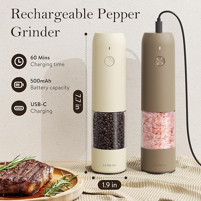 Ultrean Electric Pepper Grinder, Rechargeable Salt and Pepper Grinder with 6 Adjustable Coarseness, LED Light, One-Hand Automatic Operation, Brown&Cream
