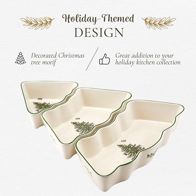 Spode Christmas Tree Dip Bowls - 3 Piece Ceramic Christmas Dipping Set - Festive Salsa Bowls for Holidays - Durable, Dishwasher Safe - Holiday Dinnerware