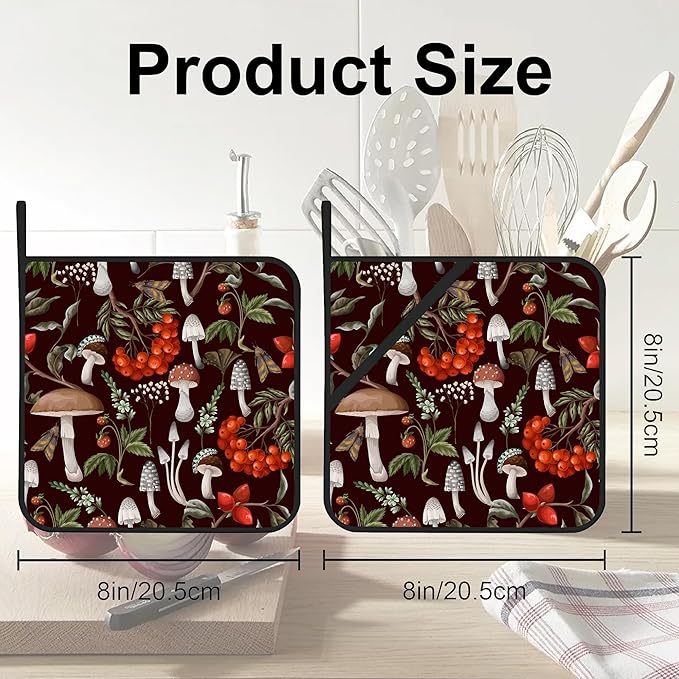 Mushrooms Pot Holders Set of 2 Heat Resistant & Non Slip Potholders, Berries and Plants Oven Hot Pads for Kitchen Cooking Baking Barbecue