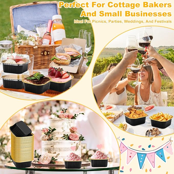 100 Pack Mini Cake Pans with Lids and Spoons, 5oz Square Aluminum Foil Loaf Pans Black Gold Small Cake Tins Disposable Baking Pans Dessert Cupcake Cups with Ribbon for Wedding Birthday Party Picnics