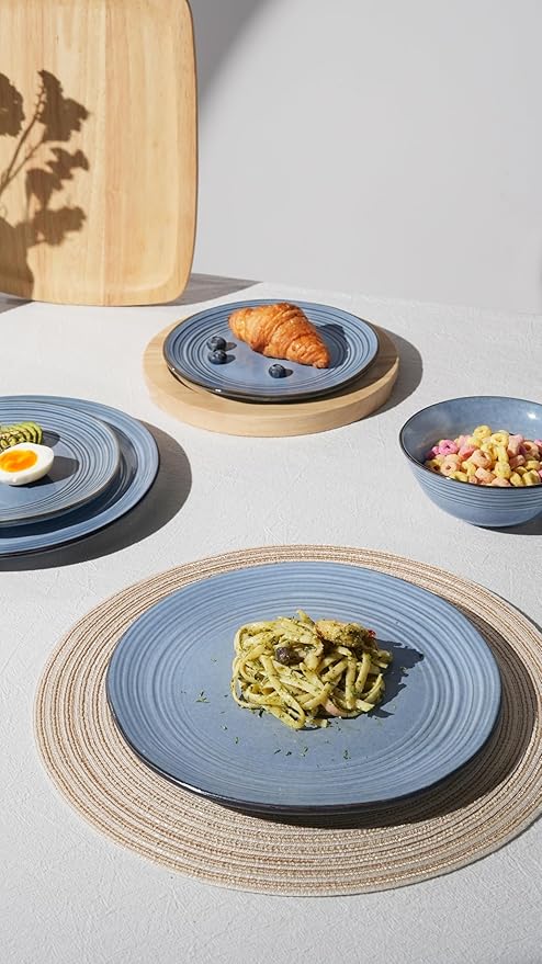 Famiware Plates and Bowls Sets 18-Piece Stoneware Dinnerware Sets, Dishes Set for 6, Hand-made Reactive Glaze Dish Set, Twilight Series, Blue