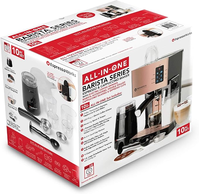 EspressoWorks 19-Bar Espresso, Latte and Cappuccino Maker 10-Piece Set - Brew Cappuccino and Latte with One Button - Espresso Machine with Milk Steamer 1250W - Coffee Gifts (Rose Gold)