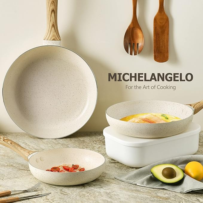 MICHELANGELO Granite Frying Pans, 8 Inch, 9.5 Inch and 11 Inch Nonstick Frying Pan Set with Anti-Scald Handle, White