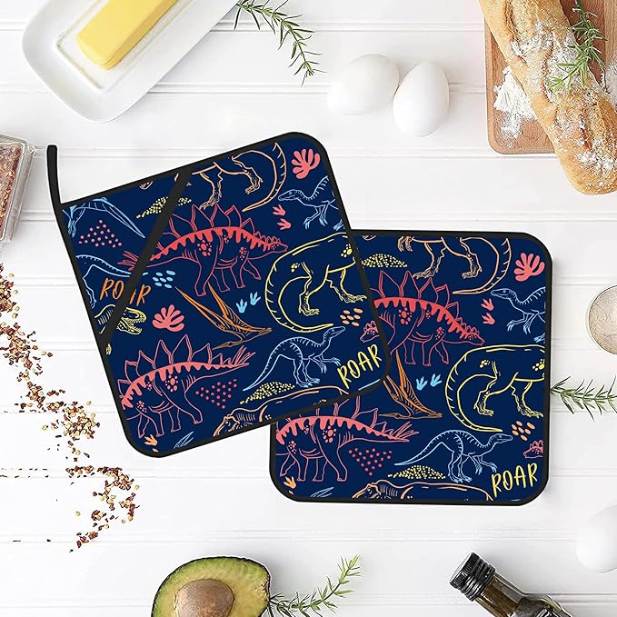 Coloful Dino Silhouette Pot Holders 2 PCS for Kitchen, Heat Resistant Hot Pads for Cooking Grilling Baking BBQ, Pot Holders for Women Cook Essentials Accessories Home Microwave