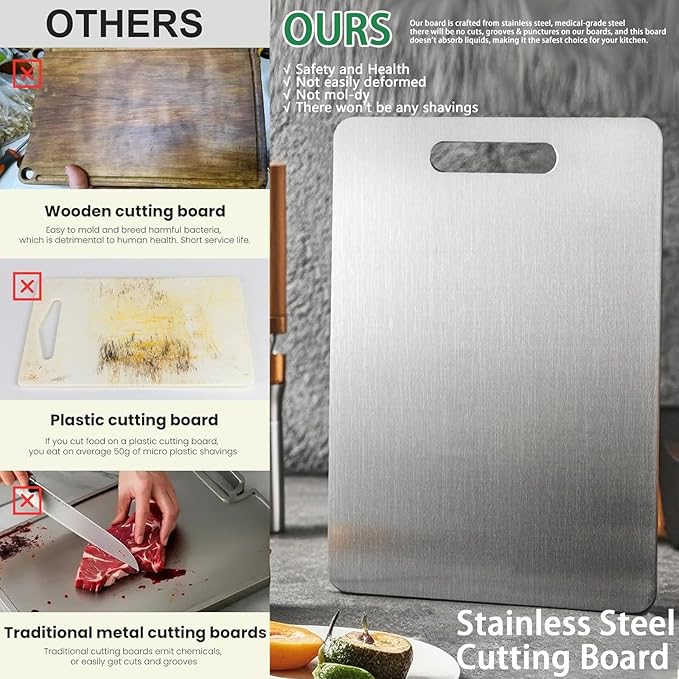 Katuchef Cutting Board for Kitchen, 316L Stainless Steel Cutting Board, Double-Sided Titanium Chopping Board for Meat, Fruit, Vegetables Easy to Clean Non Toxic Outdoor Camping or Indoor 9 * 14In