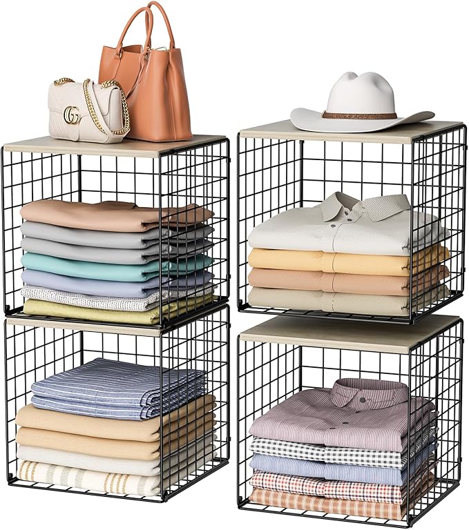 4-Tier Stackable Closet Organizers and Storage Basket, Shelves with Wood Top, Foldable Clothes Storage Bin/Cube Drawer Organizer for Wardrobe, Space-Saving, Closet Organization,Black(Patent Pending) 