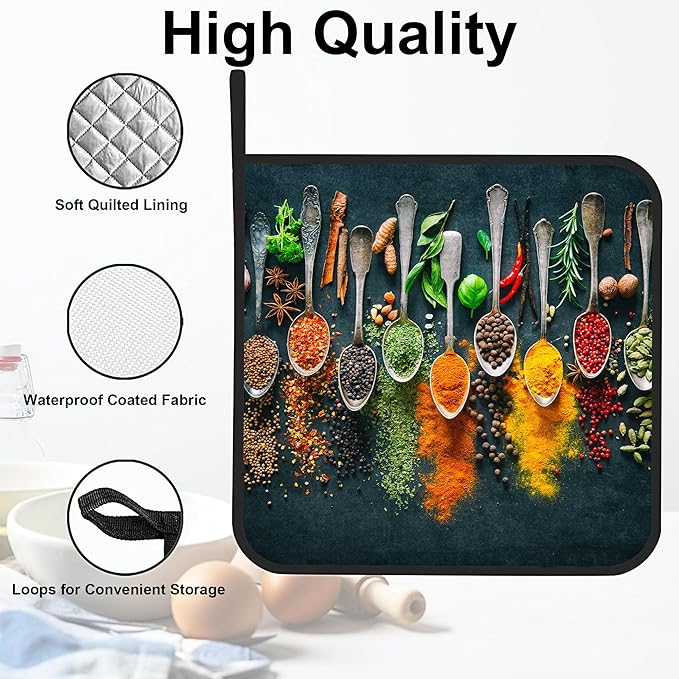 Colourful Various Herbs Pot Holders Set of 2 Heat Resistant & Non Slip Potholders, Spices for Cooking Oven Hot Pads for Kitchen Cooking Baking Barbecue