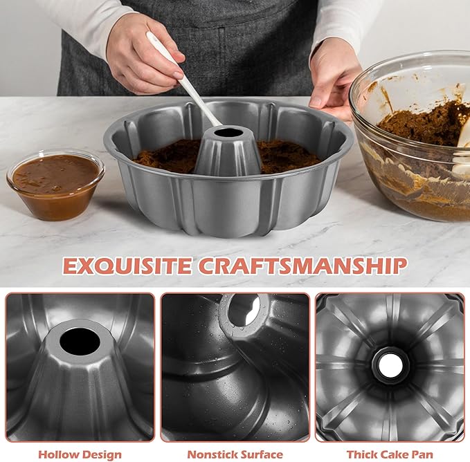 E-far 10 Inch Fluted Cake Pan, Nonstick Tube Pan for Baking Pound Cake, Heavy Duty Carbon Steel Round Baking Mold, Easy Release & Easy to Clean, 10 Cup, Gray