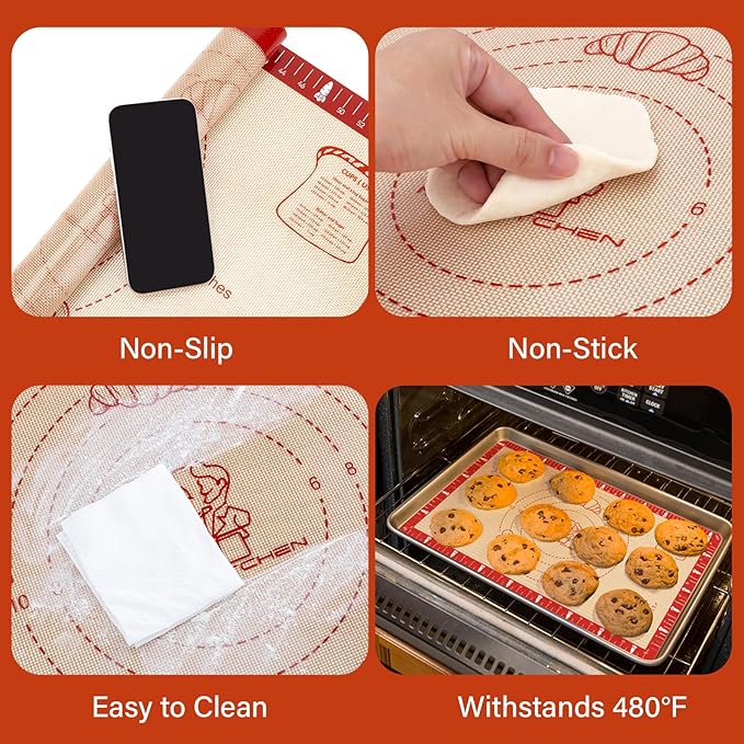 Extra Thick Silicone Baking Mat with Recipes - 26x16 inch Non Stick Pastry Mat with Measurements for Sourdough, Macarons, Bread, Pizza, Dough Rolling, Kneading, Heat Resistant to 480°F Gift for Baker