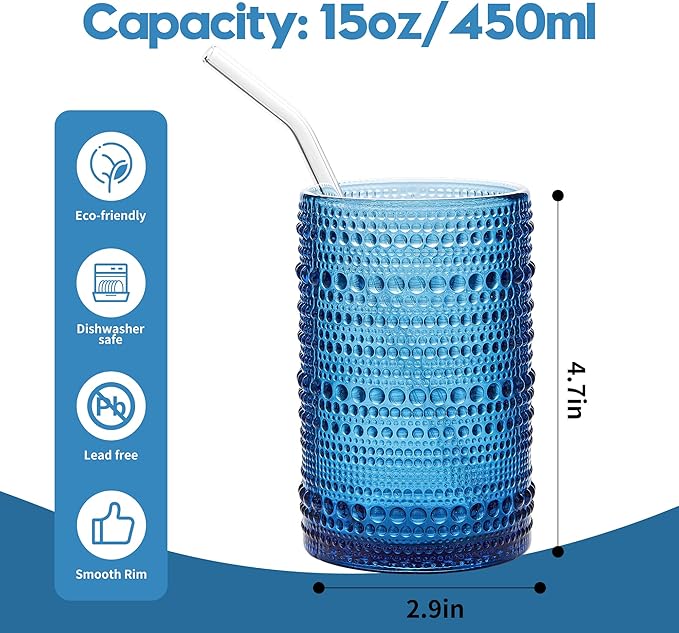 15 oz Blue Hobnail Drinking Glasses with Straws Set of 6, Vintage Glassware Old Fashioned Beverage Glasses, Cocktail Glass Set, Kitchen Water Glasses Cup, for Beer, Smoothie, Juice