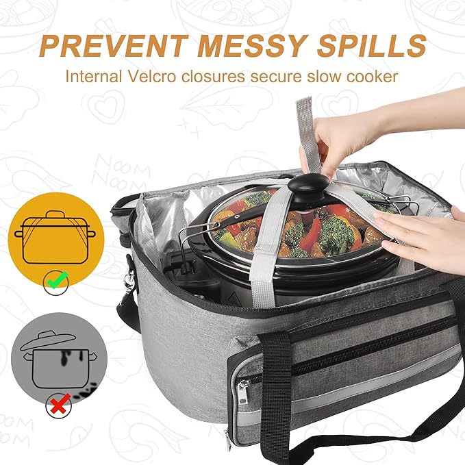 Double-Layer Slow Cooker Carrying Bag, Insulated Travel Carrier with Adjustable Band and Accessory Pocket, Portable Carrier Case for 6-8 Quart Crock, Compatible With Other Brands (Grey, Bag Only)