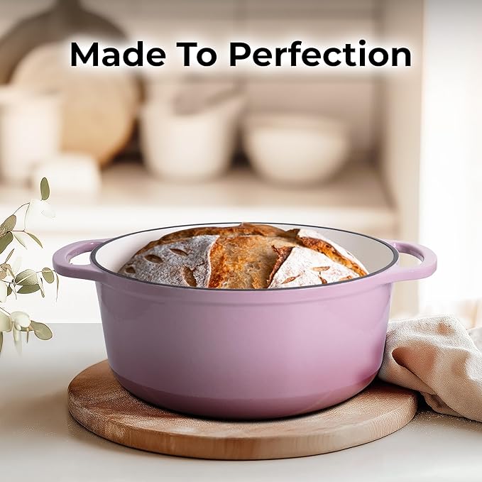Zulay Kitchen 5 Quart Enameled Cast Iron Dutch Oven with Lid,Silicone Trivet & Heat Pad – Premium Durability & Oven Safe up to 500°F – Heavy Duty Cookware Perfect for Bread Baking, Stews, Braising & Roasting – Pink