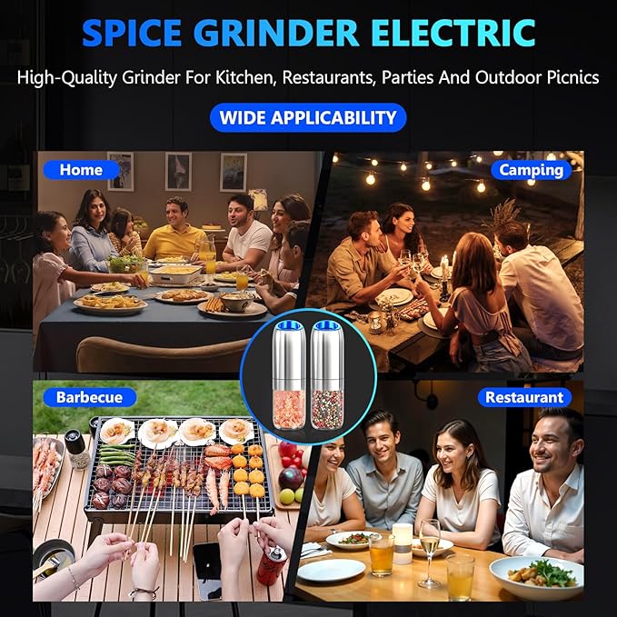 BoAn Gravity Electric Salt and Pepper Grinder Set, Stainless Steel Electric Pepper Grinder, Refillable Spice Mill,Large Chamber,Ceramic Rotor,Adjustable Coarseness, LED for Kitchen & Gourmet Cooking