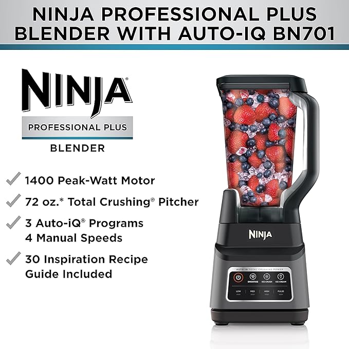 Ninja BN701 Professional Plus Blender, 1400 Peak Watts, 3 Functions for Smoothies, Frozen Drinks & Ice Cream with Auto IQ, 72-oz.* Total Crushing Pitcher & Lid, Dark Grey