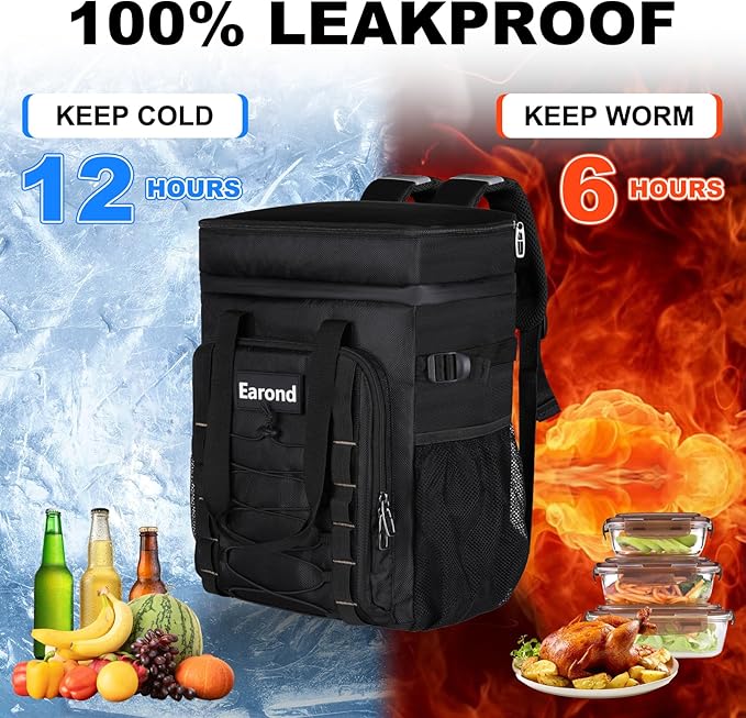 25L Insulated Cooler Backpack with Waterproof Zipper & Multi-Compartment Design Leakproof Lunch Bag for Beach, Camping, Office - Spacious Thermal Light-Weight Backpack for Men and Women-Black