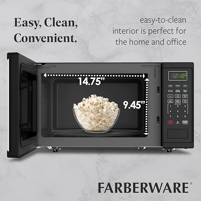 Farberware 1.1 Cu. Ft. 1000-Watt Microwave Oven Digital Control, 10 Power Levels, One-Touch Cooking, Defrost, Child Safety Lock, Black