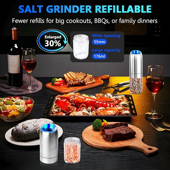 BoAn Gravity Electric Salt and Pepper Grinder Set, Stainless Steel Electric Pepper Grinder, Refillable Spice Mill,Large Chamber,Ceramic Rotor,Adjustable Coarseness, LED for Kitchen & Gourmet Cooking