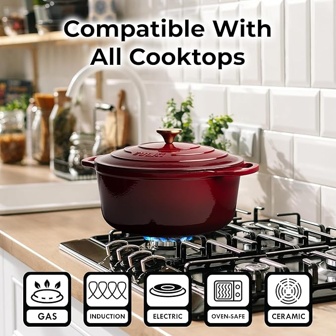 Zulay Kitchen 6 Quart Enameled Cast Iron Dutch Oven with Lid, Silicone Trivet & Heat Pad – Premium Durability & Oven Safe up to 500°F – Heavy Duty Cookware Perfect for Bread Baking, Stews, Braising & Roasting – Garnet