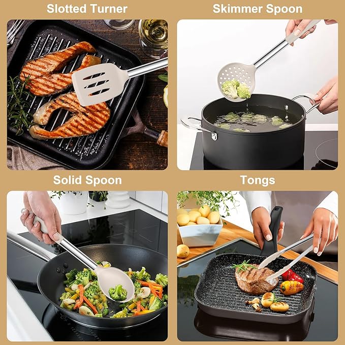 E-far Silicone Cooking Utensils Set, 7 Pcs Heat Resistant Kitchen Utensils with Stainless Steel Handle, Slotted Turner, Spoon, Soup Ladle, Pasta Server, Skimmer, Tongs for Nonstick Cookware, Khaki