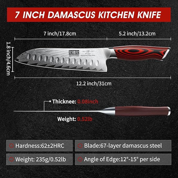 Damascus Santoku Knife, 7 Inch Professiona Kitchen Knife, Damascus Super Steel Ultra-Sharp Santoku Chef Knife with Ergonomic G10 Handle