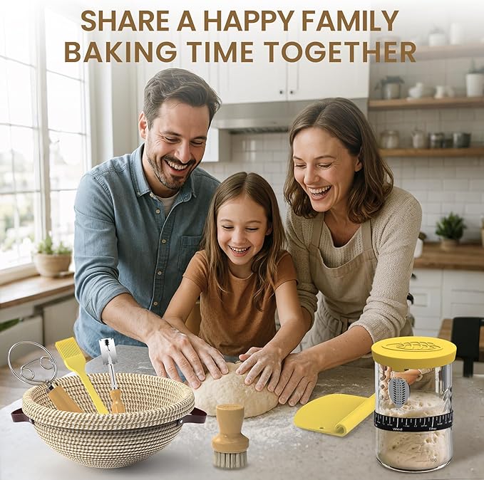 Sourdough Starter Kit with Cotton Rope Banneton Basket & Jar, Bread Baking Supplies and Tools Set, Complete Sourdough Bread Making Kit, Baking Gift for Women Moms & Beginners