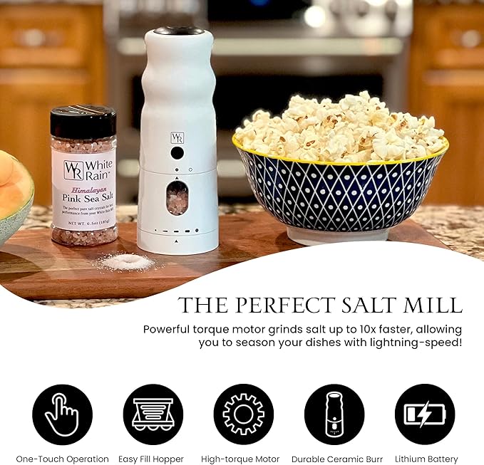 WHITE RAIN Salt Mill with LED Lights & Adjustable Coarseness, Aluminum Rechargeable Salt Grinder Refillable Heavy Duty Electric Himalayan Pink Salt Grinder, Kitchen Gadgets