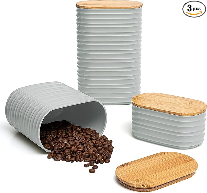 Mixpresso Gray Canisters Sets for the Kitchen – 3-Piece Airtight Plastic Sugar Container Set with Bamboo Lids in Three Different Sizes – Decorative Modern Storage Jars for Coffee, Tea & Countertops