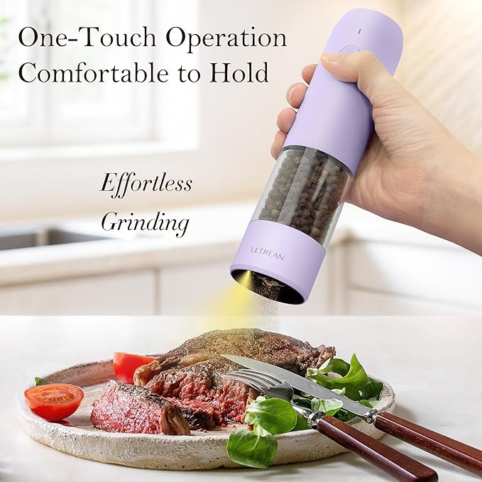 Ultrean Electric Pepper Grinder, Rechargeable Salt and Pepper Grinder with 6 Adjustable Coarseness, LED Light, One-Hand Automatic Operation, Lavender Purple
