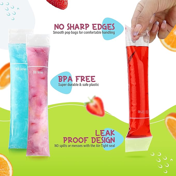 125 Disposable Ice Popsicle Mold Bags| BPA Free Freezer Tubes With Zip Seals | For Healthy Snacks, Yogurt Sticks, Juice & Fruit Smoothies, Ice Candy Pops| Comes With A Funnel (8x2")
